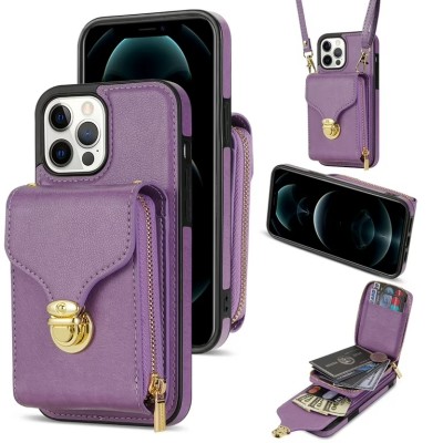 For iPhone 13 Pro Max Wallet Premium PU Vegan Leather ID Multiple Card Holder Money with Strap - Dark Purple