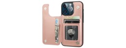 For iPhone 13 Pro Max Wallet Premium PU Vegan Leather ID Multiple Card Holder Money with Strap - Rose Gold