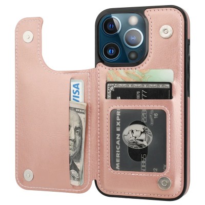 For iPhone 13 Pro Max Wallet Premium PU Vegan Leather ID Multiple Card Holder Money with Strap - Rose Gold