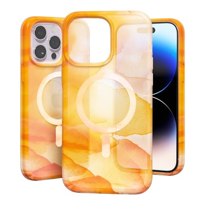 For iPhone 13 Pro Max WaterColor Design [Magnetic Circle] Gradiant Thick Premium Hybrid - Orange