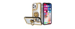 For iPhone 13 Pro Mirror Diamond Ring Stand Ornaments Cover Case - Gold