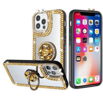For iPhone 13 Pro Mirror Diamond Ring Stand Ornaments Cover Case - Gold