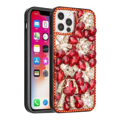For iPhone 13 Pro Ornament Bling Diamond Shiny Crystal Case Cover - V on Red