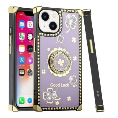 For iPhone 13 Pro Passion Square Hearts Diamond Glitter Ornaments Engraving Case Cover - Garden Butterflies Purple