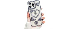 For iPhone 13 Pro Passion Square Hearts Diamond Glitter Ornaments Engraving Case Cover - Garden Butterflies White