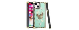 For iPhone 13 Pro Passion Square Hearts Diamond Glitter Ornaments Engraving Case Cover - Good Luck Floral Teal