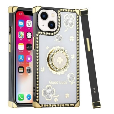 For iPhone 13 Pro Passion Square Hearts Diamond Glitter Ornaments Engraving Case Cover - Good Luck Floral White