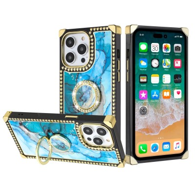 For iPhone 13 Pro Passion Square Hearts IMD Design with Diamond Ring Stand Case Cover - E