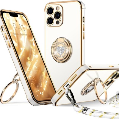 For iPhone 13 Pro Passion Square Hearts Smiling Diamond Ring Stand Case Cover - Gold