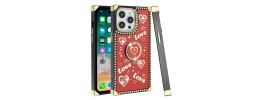 For iPhone 13 Pro Passion Square Hearts Smiling Diamond Ring Stand Case Cover - Red