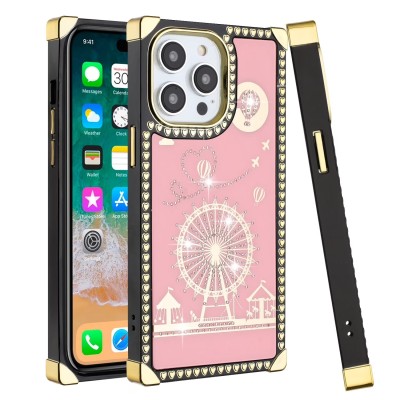 For iPhone 13 Pro Passion Square Hearts WindMill Love Balloon Fun Case Cover - Pink