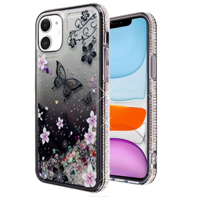 For iPhone 13 Pro Quicksand Diamond Bumper Hybrid Case Cover - Antique Feather