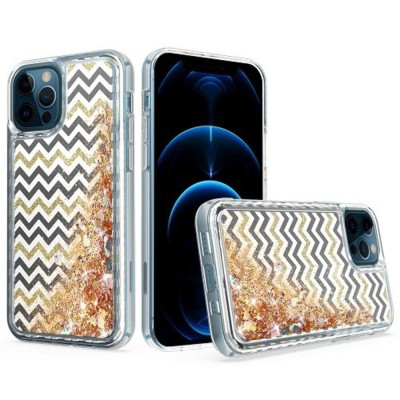 For iPhone 13 Pro Quicksand Diamond Bumper Hybrid Case Cover - Teal Gold ZigZag