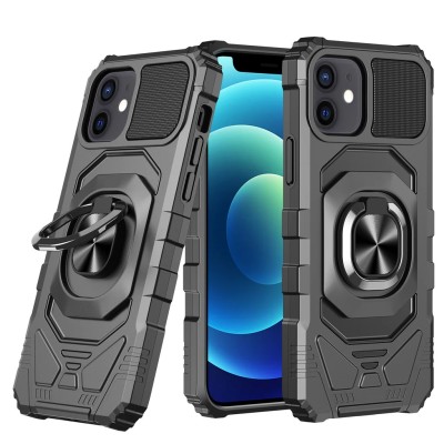 For iPhone 13 Pro Robotic Hybrid with Magnetic Ring Stand Case Cover - Black