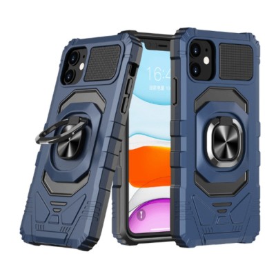 For iPhone 13 Pro Robotic Hybrid with Magnetic Ring Stand Case Cover - Dark Blue