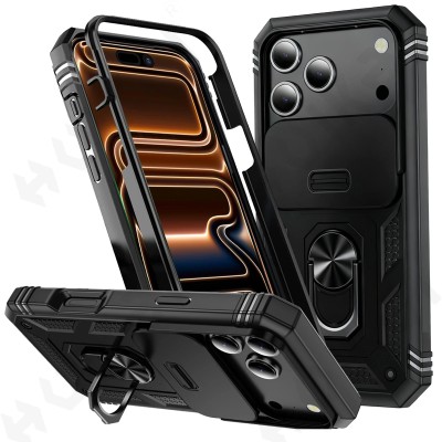 For iPhone 13 Pro Rocker Kickstand Tough Shockproof Hybrid Case Cover - Black