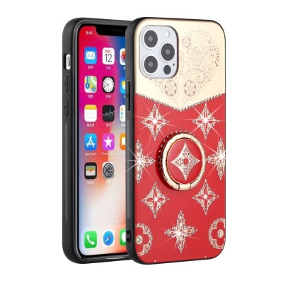 For iPhone 13 Pro SPLENDID Diamond Glitter Ornaments Engraving Case Cover - Bird Heart Red