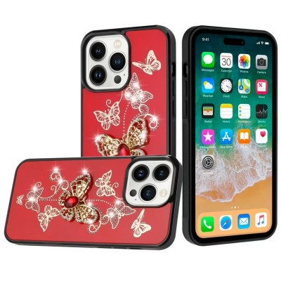 For iPhone 13 Pro SPLENDID Diamond Glitter Ornaments Engraving Case Cover - Flower Ring Red