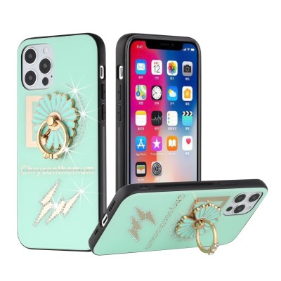 For iPhone 13 Pro SPLENDID Diamond Glitter Ornaments Engraving Case Cover - Flower Ring Teal