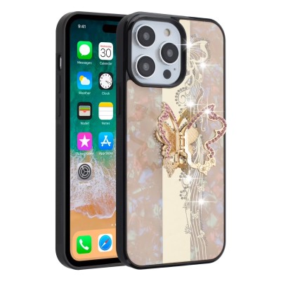 For iPhone 13 Pro SPLENDID Diamond Glitter Ornaments Engraving Case Cover - Good Luck Floral Gold