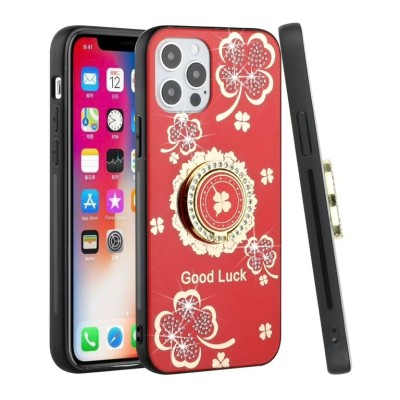 For iPhone 13 Pro SPLENDID Diamond Glitter Ornaments Engraving Case Cover - Good Luck Floral Red