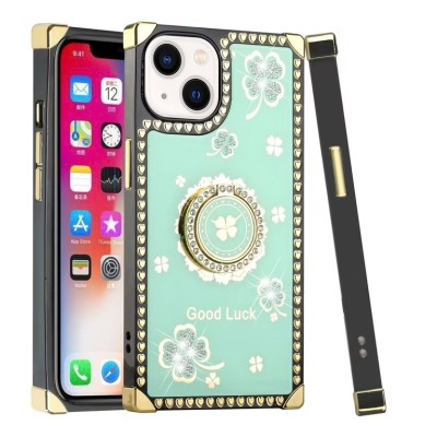 For iPhone 13 Pro SPLENDID Diamond Glitter Ornaments Engraving Case Cover - Good Luck Floral Teal