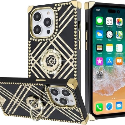 For iPhone 13 Pro SQUARE Passion Glitter Diamond Ring Stand Case Cover - BLACK CHROME B