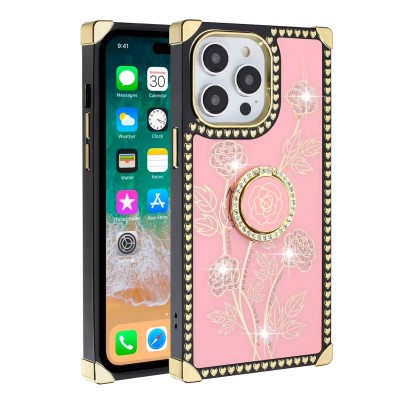 For iPhone 13 Pro SQUARE Passion Glitter Diamond Ring Stand Case Cover - Floral Design Pink