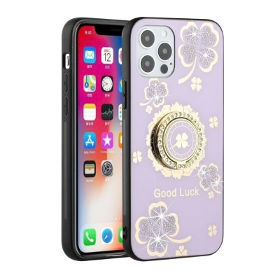 For iPhone 13 Pro SQUARE Passion Glitter Diamond Ring Stand Case Cover - Floral Design Purple