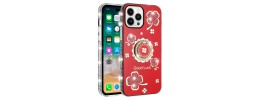 For iPhone 13 Pro SQUARE Passion Glitter Diamond Ring Stand Case Cover - Floral Design Red