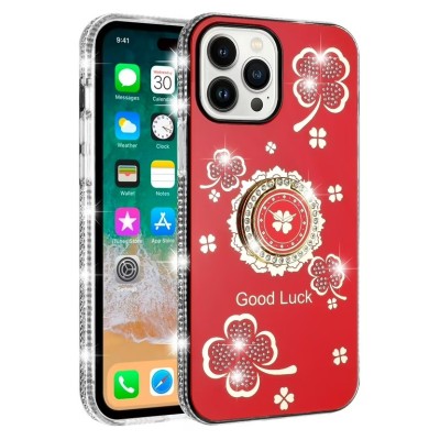 For iPhone 13 Pro SQUARE Passion Glitter Diamond Ring Stand Case Cover - Floral Design Red
