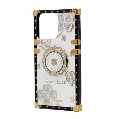 For iPhone 13 Pro SQUARE Passion Glitter Diamond Ring Stand Case Cover - Floral Design White