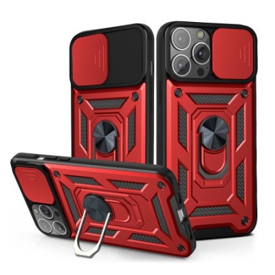 For iPhone 13 Pro Sculptor Tough 3in1 Ring Stand Hybrid Case Cover - Red/Black