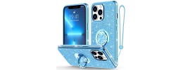 For iPhone 13 Pro Smiling Glitter Ornament Bling With Ring Stand Hybrid Case Cover - Blue