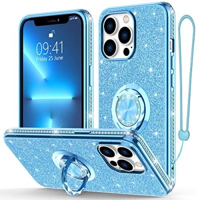 For iPhone 13 Pro Smiling Glitter Ornament Bling With Ring Stand Hybrid Case Cover - Blue