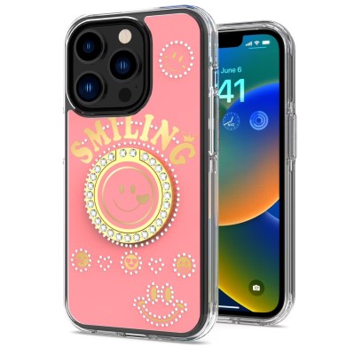 For iPhone 13 Pro Smiling Glitter Ornament Bling With Ring Stand Hybrid Case Cover - Pink