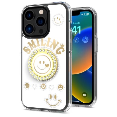 For iPhone 13 Pro Smiling Glitter Ornament Bling With Ring Stand Hybrid Case Cover - White