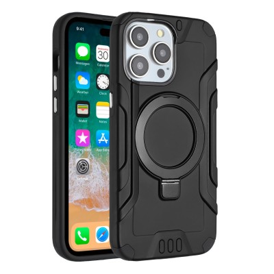For iPhone 13 Pro Standard Tough Hybrid Ring Magnetic Stand Case Cover - Black