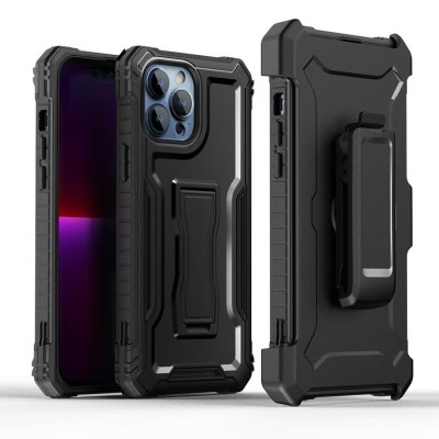 For iPhone 13 Pro Tough 3in1 Holster Combo with Vertical Kickstand Cover Case - Black