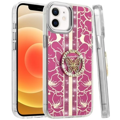 For iPhone 13 Pro Trendy Fashion Design Hybrid Case Cover - Butterfly Floral on Pink