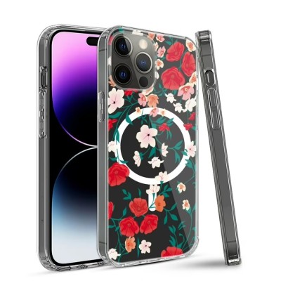 For iPhone 13 Pro Trendy Fashion Design Hybrid Case Cover - Butterfly Floral on Red