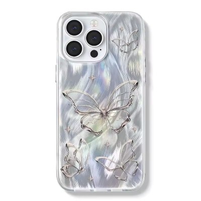For iPhone 13 Pro Trendy Fashion Design Hybrid Case Cover - Butterfly Floral on Silver