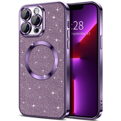 For iPhone 13 Pro Two Tone Transparent Glitter Chrome Shockproof Case Cover - Purple