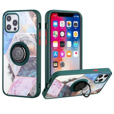 For iPhone 13 Pro Unique IMD Design Magnetic Ring Stand Cover Case - Galaxy Marble on Green