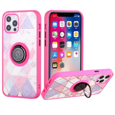 For iPhone 13 Pro Unique IMD Design Magnetic Ring Stand Cover Case - Mesh Marble on Pink