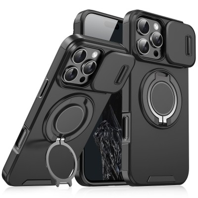 For iPhone 13 Pro Urban Design Magnetic Ring Stand Hybrid Camera Case Cover - Black