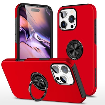 For iPhone 13 Pro Warship Magnetic Ring Stand Shockproof Hybrid Case Cover - Red