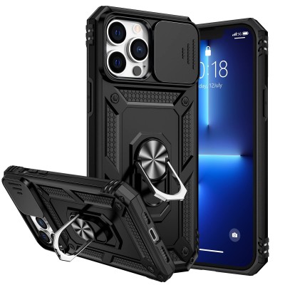 For iPhone 13 Pro Well Protective Magentic Ring Stand Camera Protective Cover Case - Black