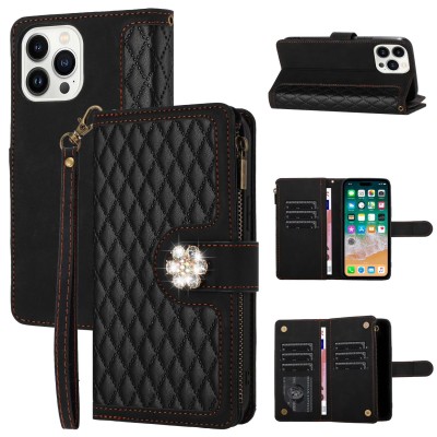 For iPhone 13 / iPhone 14 6.1" Jewel Wallet Design with Stitched PU Leather ID Card Money Holder Zipper Case - Navy Blue