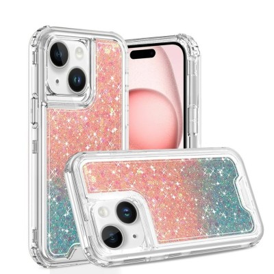 For iPhone 13 / iPhone 14 6.1" Epoxy Sticker Glitter 3in1 Shockproof Transparent Hybrid Case - Pink + Light Blue